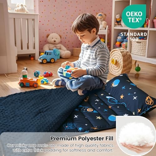 david's kids Minky Toddler Nap Mat with Removable Pillow and Minky Fleece Blanket, 55"x23",Soft Slumber Bags for Boys, Perfect for Preschool, Daycare, Kids Sleeping Bags with Rollup Design, Space - Image 6
