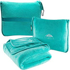 BlueHills Travel Blanket Pillows for Two Airplane Traveling Essentials Flight Throws in Bag case with Backpack Clip Compact Large Plane Accessories – Teal Green and Light Gray - Image 2