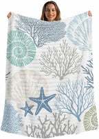 Blue Coastal Throw Blanket, Coral Beach Starfish Fluffy Soft Blankets for Couch Bed Travel, Ocean Conch Plush Microfiber Striped Flannel Blankets, Lightweight Sofa Blankets 40"x60" by Homechoid