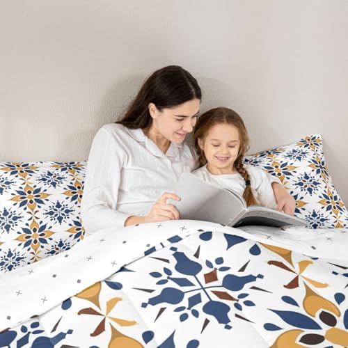 Erosebridal Mexican Style Full Bedding Set,Talavera Tile Ethnic Comforter Set for Kids Adults,Colorful Boho Floral Duvet Insert,Navy Blue Orange Geometric Bedroom Decor with 2 Pillowcases - Image 6