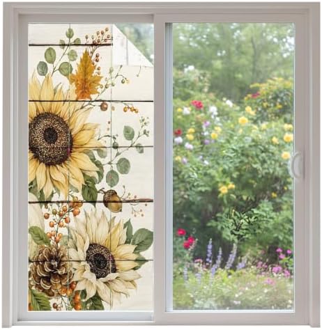 Window Privacy Film Frosted, Pumpkins Sunflower Fall Non-Adhesive Static Cling Window Tint, Thanksgiving Botanical Wooden Insulated Windows Frosted Films for Living Room, 35.4 x 78.7 Inches by Unknown