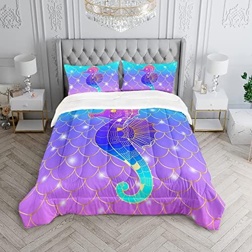 HOSIMA Mermaid Fish Scales Bedding Sets Twin,Seahorse Printed Ocean Animal Rainbow Bedding Glitter Star Themed Twin Comforter Set for Kids Room Decor,Twin Bed Set for Girls with 2 Pillowcases. - Image 3