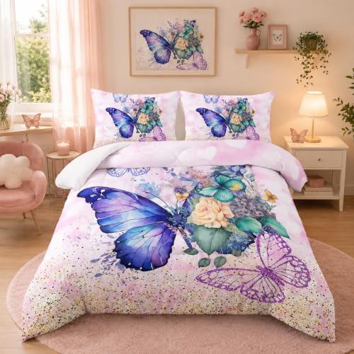 Nttopship Dream Purple Butterfly Comforter Set King Size for Adults 3Pcs,Flowers and Watercolor Butterflies Comforter for All Season Room Decor with 1 Comforter and 2 Pillow Case by Nttopship