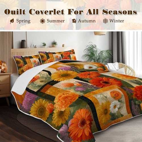 BlessLiving 3-Piece Quilts Queen Size, Ultra Soft Microfiber Lightweight Daisy Frame Pattern Bedspreads Coverlets Bedding Set with 2 Pillow Shams for All Seasons, Autumn Bed Cover for Women - Image 2
