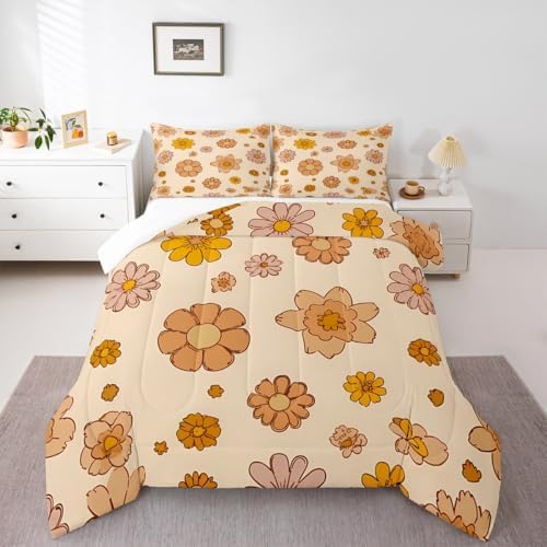 Feelyou Vintage Boho Plant Floral Comforter Set 60S 70S Groovy Comforter for Boys Teens Retro Hippie Flower Bedding Set Orange Botanical Blossom Pink Duvet Set Bedroom Quilt Set King Size - Image 4
