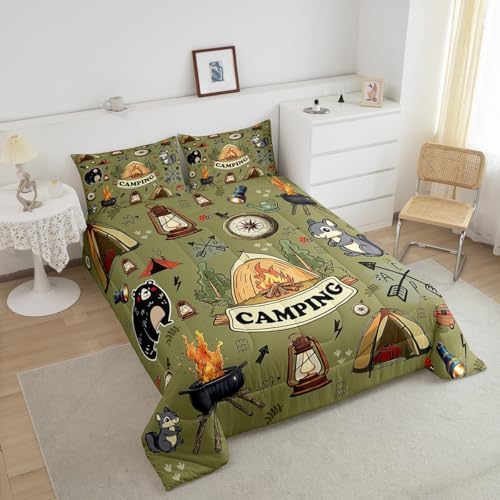 Erosebridal Kids RV Camper King Comforter Set,Camping Tent Bedding Set for Boys Girls Room Decor,Forest Bear Fox Bed Set Rustic Style Travel Trailer Bedding Comforter Sets,2 Pillowcases - Image 4