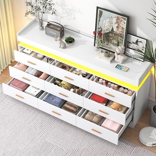 jiteentarou 9 Drawer Dresser with Charging Station and LED Lights, Modern Chest of Drawers with Power Outlet, Organizer Cabinet for Bedroom, Living Room, Entryway, White - Image 2