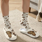 Jeiento Fuzzy Slippers and Crew Sock Set for Women Men Couple Warm Cozy Memory Foam House Shoes Soft Slip-on Slides for Home,Travel - Image 3