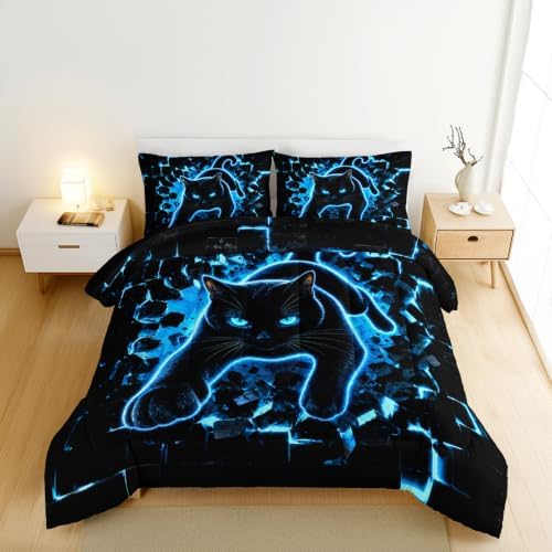 HOSIMA Neon Black Cat Comforter Twin for Kids Boys with 2 Pillowcases. by HOSIMA