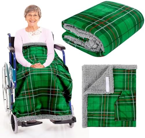 Mindsoft Christmas Wheelchair Blanket with Pouch Warm Soft Flannel Blanket 42.13 x 35.83 Inch Lap Blankets for Elderly Cozy Wheelchair Cover for Holiday Winter Leg and Lower Body Gifts (Dark Green) by Mindsoft
