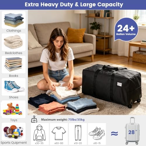 Heavy Duty Moving Bags with Wheels, 2-Pack 92L Foldable Rolling Duffle Bag - Image 3