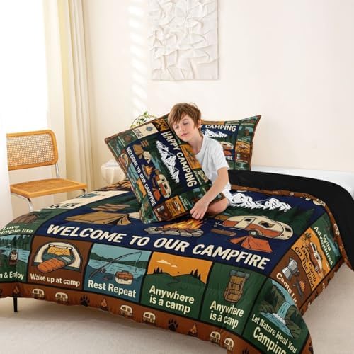 Erosebridal Camping Themed Full Size Bedding Set for Kids, Outdoor RV Bunk Camper Comforter Sets for Girls Boys, Forest Bear Rustic Mountain Bed Set Quilt, Camping Lover Gifts Bedroom Decor - Image 4
