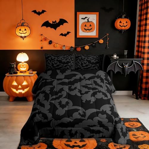Castle Fairy Halloween Themed Comforter Set King Size,Black Bats Animal Print Bedding Set All Season Quilt Set,Dark Grey Color Microfiber Polyester Down Comforter - Image 2