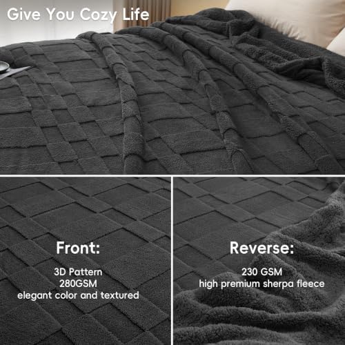 PHF Soft Sherpa Fleece Blanket King, Tufted Jacquard, 03-Dark Grey - Image 4