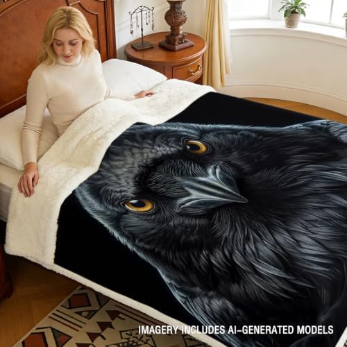 Raven Sherpa Blanket Dark Animal Print Throw Blanket for Men Soft Warm Cozy 60x80 Inches Gothic Crow Design Bedroom Couch Decor Gift for Birthday Housewarming Anniversary - Image 3