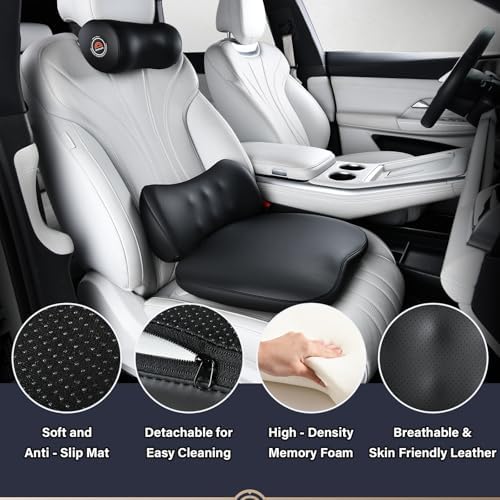 Coverado Seat Cushion and Lumbar Support Pillow for Driving Seat, Neck Headrest Pillow with Adjustable Strap, Soft and Breathable PU Leather, High Density Memory Foam for Neck & Lower Back Pain Relief - Image 2