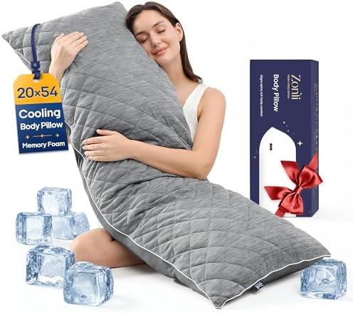 ZonLi Cooling Body Pillow for Adults Side Sleeper & Pregnancy - Memory Foam Insert Long Body Pillow 20 x 54 Inch with Washable Pillowcase, Gift for Men Women Grey by Zonli