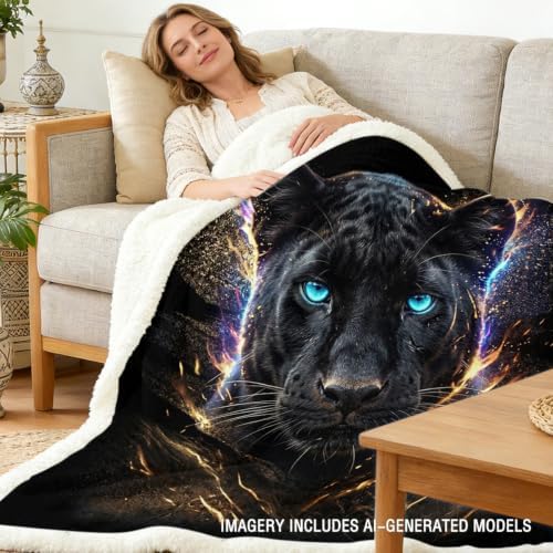 Black Panther Sherpa Blanket Neon Animal Print Throw Blanket for Men Soft Warm Cozy 50x60 Inches Dark Power Design Gamer Room Bedroom Decor Gift for Birthday Housewarming Anniversary - Image 2