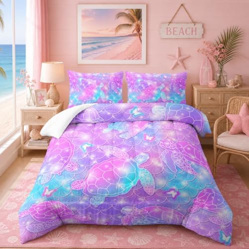 Nttopship Pink Dream Turtle Comforter Set - Twin Size, Kids Bedding with Sparkling Fish Scale Theme, All Season Comforter and 2 Pillowcases by Nttopship