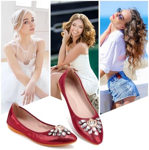 KUNWFNIX Women's Ballet Flats Foldable Classic Crown Rhinestone Slip On Bowknot PU Leather Faux Suede Pointed Toe Comfort Flat Casual Dress Shoes - Image 2