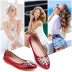 KUNWFNIX Women's Ballet Flats Foldable Classic Crown Rhinestone Slip On Bowknot PU Leather Faux Suede Pointed Toe Comfort Flat Casual Dress Shoes - Image 2
