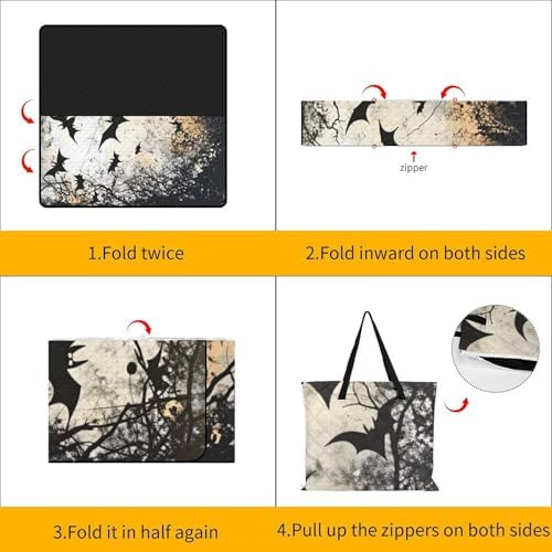 Gothic Black Bat Extra Large Picnic Blankets Waterproof Foldable Beach Blanket Waterproof Sandproof Outdoor Packable Camping Blanket with Zip 79"x79" - Image 4