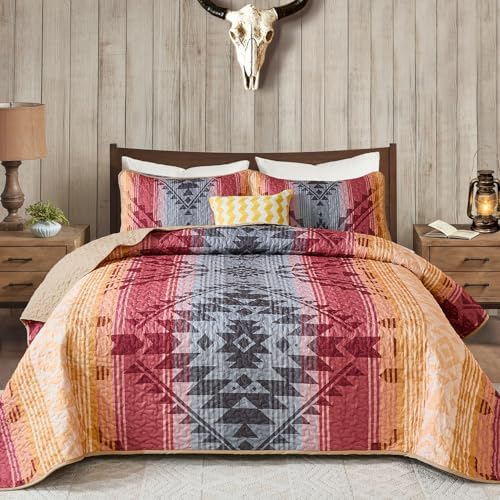 Dintszyayue Bohemian Quilt Set King, 3 Pcs Red Aztec Parttern Bedspread by Dintszyayue