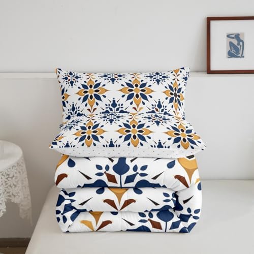 Erosebridal Mexican Style Full Bedding Set,Talavera Tile Ethnic Comforter Set for Kids Adults,Colorful Boho Floral Duvet Insert,Navy Blue Orange Geometric Bedroom Decor with 2 Pillowcases - Image 7