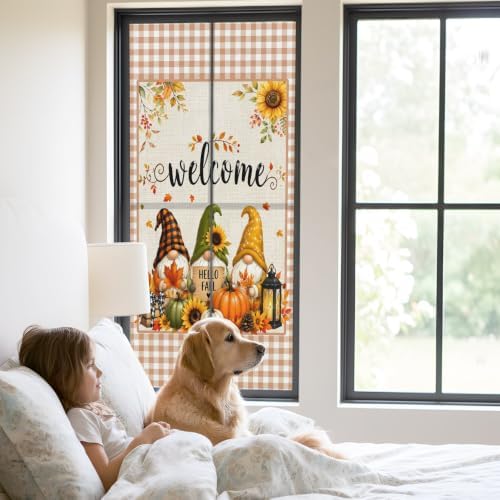 Window Privacy Film Frosted, Thanksgiving Gnomes Static Cling Door Window Covering, Fall Orange White Pumpkin Maple Leaf UV Blocking Windows Film for Office, Hotel, Bedroom, 29.5 x 78.7 Inches - Image 2