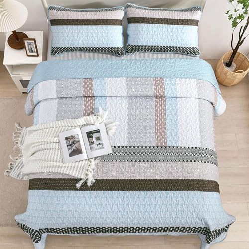 WONGS BEDDING Boho Quilt Queen Size, Patchwork Bedding Set, Blue Brown - Image 3