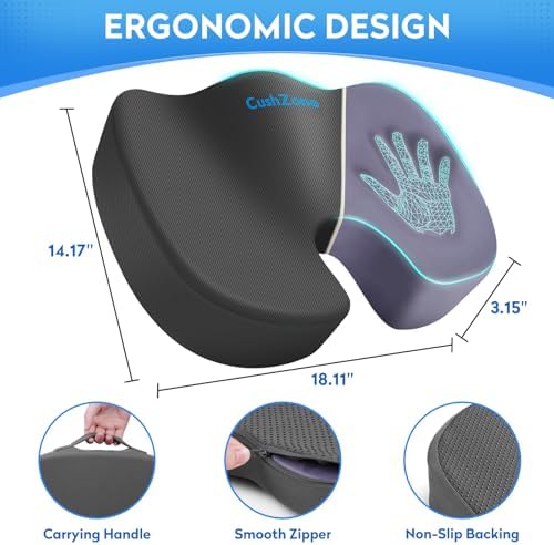 CushZone Memory Foam Seat Cushion for Office Car & Wheelchair, Gray - Image 4