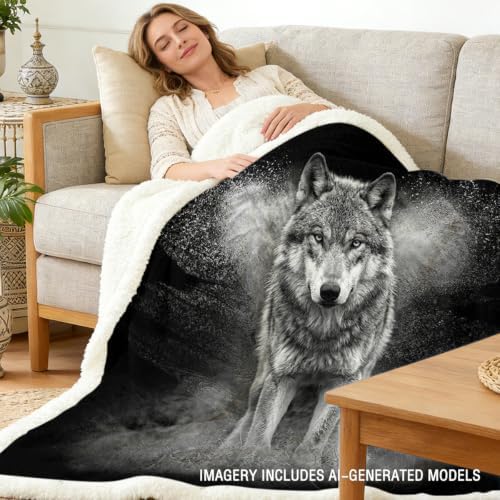 Wolf Sherpa Blanket Lone Wolf Animal Print Throw Blanket for Men Soft Warm Cozy 50x60 Inches Dark Wildlife Design Bedroom Gamer Room Decor Gift for Birthday Housewarming Anniversary - Image 2
