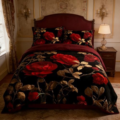 CCoutueChen Vintage Floral Full Size Bed in A Bag for Girls, 7Pcs Burgundy Comforter Set for Gothic Bedroom Decor, Black Floral Quilted Bedding with 2 Pillowcases, 79"x90" - Image 3