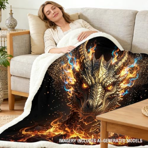 Dragon Sherpa Blanket Fire Fantasy Throw Blanket for Men Soft Warm Cozy 50x60 Inches Power Energy Design Gamer Room Bedroom Decor Mythical Gift for Birthday Housewarming Anniversary - Image 2