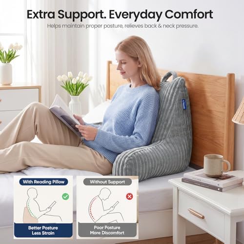 Reading Pillow for Sitting up in Bed, Adjustable Memory Foam Bed Rest Pillow, Wide-wale Plush Cover Machine Washable, Neck Back and Lumbar Support Pillow-Grey - Image 3
