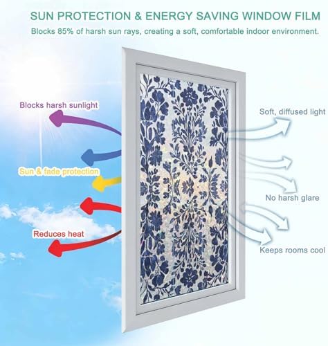 Blue Spring Floral Window Privacy Film Rainbow Static Cling Stain Glass Window Film for Glass Door, Decorative Heat Blocking Sunroof Decal Sticker for Car 35.4"x78.7" Summer Botanical Farmhouse - Image 4