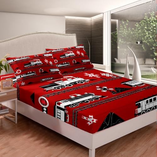 Erosebridal Boys Train Twin Bed Sheets Cartoon Car Toddler Bedding Set, Traffic Transportation Track Fitted Sheet for Kids Vintage Steam Engine Railway Decor Sheets Room 2Pcs, Red White Black - Image 2