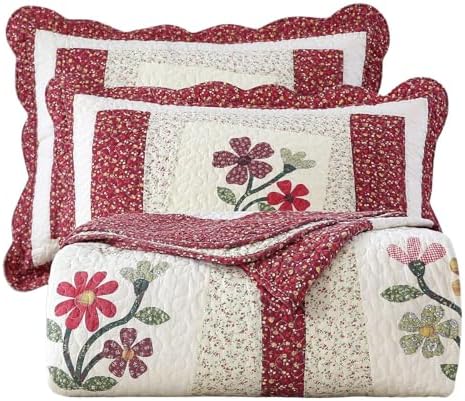 vctops Christmas Red 3 Piece Embroidered Floral Quilted Bedspread Quilt Set 100% Cotton Reversible Patchwork Coverlet Set 1 Quilt and 2 Pillow Shams (Red,King) by vctops