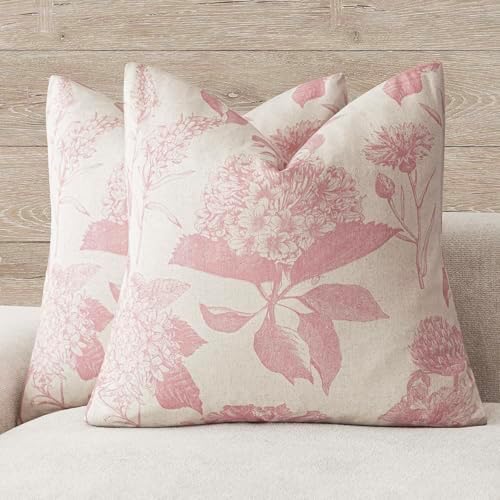 Foindtower Set of 2 Linen Floral Throw Pillow Covers Neutral Vintage Print Decorative Cozy Cushion Covers Farmhouse Boho Home Decor for Sofa Chair Couch Bedroom Living Room,24×24 Inch,Light Pink by Foindtower