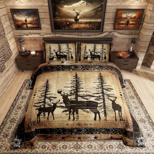 Erosebridal Rustic Deer Comforter Set Farmhouse Cabin Bedding Set Full Western Woodland Wildlife Bedding Comforter Sets for Kids Boys Adults Men Black Retro Country Animal Quilt Duvet 3 Pcs by Erosebridal