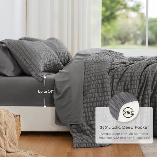 Seersucker Dark Grey Twin XL Comforter Set, 5-Piece Bed in a Bag - Image 3