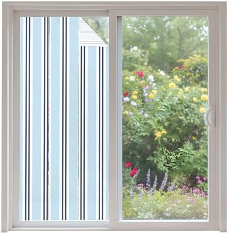 Window Privacy Film Frosted, Light Blue Striped Non-Adhesive Static Cling Window Tint, Minimalist Vertical Stripes Insulated Windows Frosted Films for Living Room, 35.4 x 78.7 Inches by Unknown