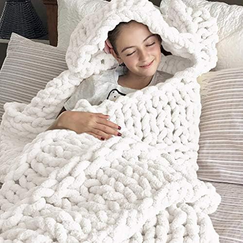 Chunky Knit Throw Blanket Chenille Yarn Soft Cozy Bulky Knitted Blanket for Sofa Bed Chair Large Hand Made Boho Home Decor White 40x48 - Image 2