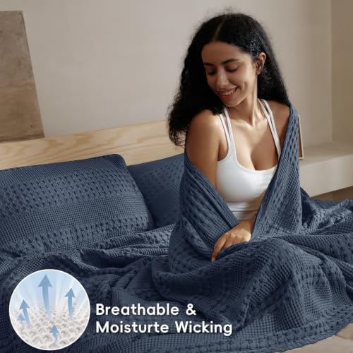 PHF Lightweight 100% Cotton Waffle Blanket for Bed, King, Indigo - Image 3