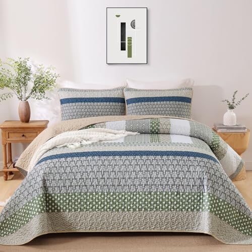 WONGS BEDDING Queen Quilt Set Khaki Green, 3 Pieces Striped Bedspread - Image 2