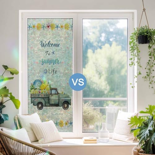 Summer Truck Lemon Window Privacy Film Rainbow Static Cling Stain Glass Window Film for Glass Door, Decorative Heat Blocking Sunroof Decal Sticker for Car 35.4"x78.7" Nautical Coastal Linen Texture - Image 5