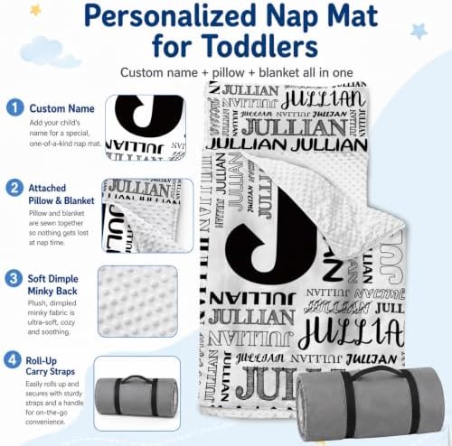 Personalized Toddler Nap Mat with Pillow and Blanket, Monogram Nap Mats for Preschool Daycare, Custom Thickened Large 55”x22.5” Sleeping Bag for Kids, Rollup Sleeping Mat for Boys Girls Gift - Image 2
