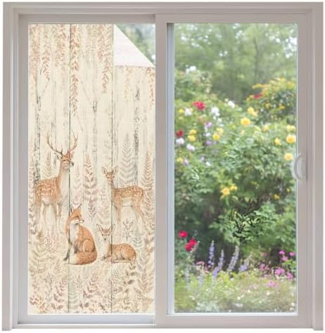 Window Privacy Film Frosted, Thanksgiving Fall Non-Adhesive Static Cling Window Tint, Farmhouse Deer Fox Orange Leaves Vines Insulated Windows Frosted Films for Living Room, 35.4 x 78.7 Inches by Unknown