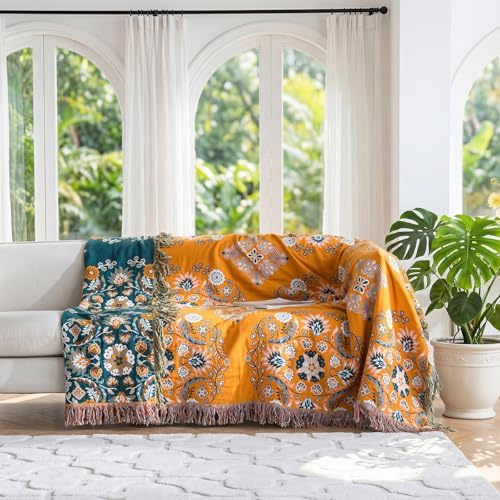 LUTBM Boho Throw Blanket for Bed 60"x80", 100% Cotton Yellow Couch Blankets - Image 5