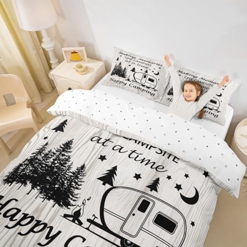 Happy Camping Duvet Cover,Kids RV Camper Bedding Set,Rustic Farmhouse Comforter Cover for Boys Girls Room Decor,Star and Moon Lightweight Bedspread Cover Twin Size with 1 Pillow Case(No Comforter) - Image 3